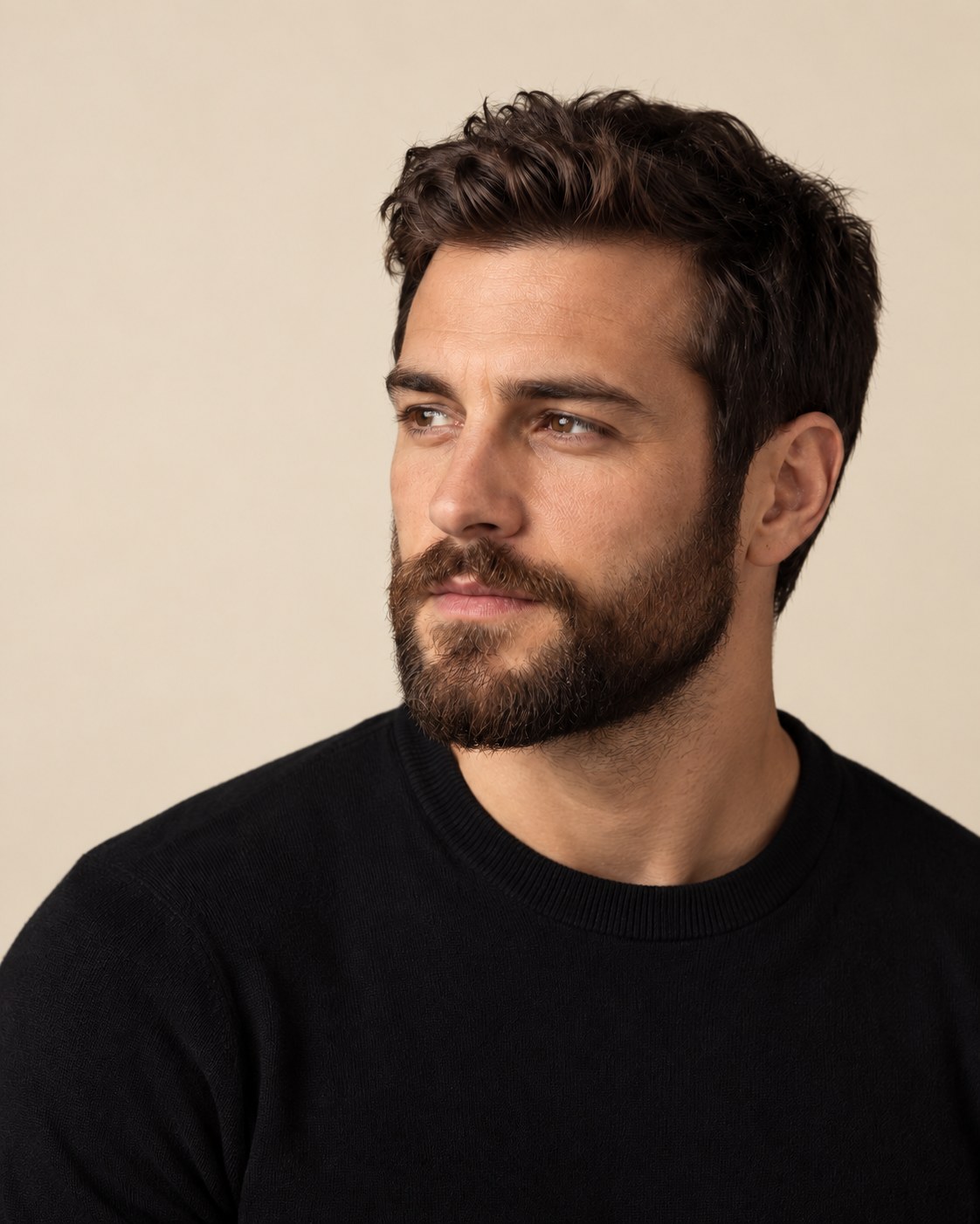 Bearded man against a warm cream studio background